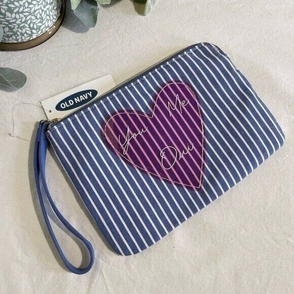 Old Navy Zipper Pouch Blue White Stripe with Heart - Picture 1 of 4